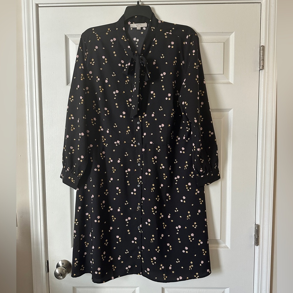 Loft Plus Black Floral Tie-Neck Women's Dress